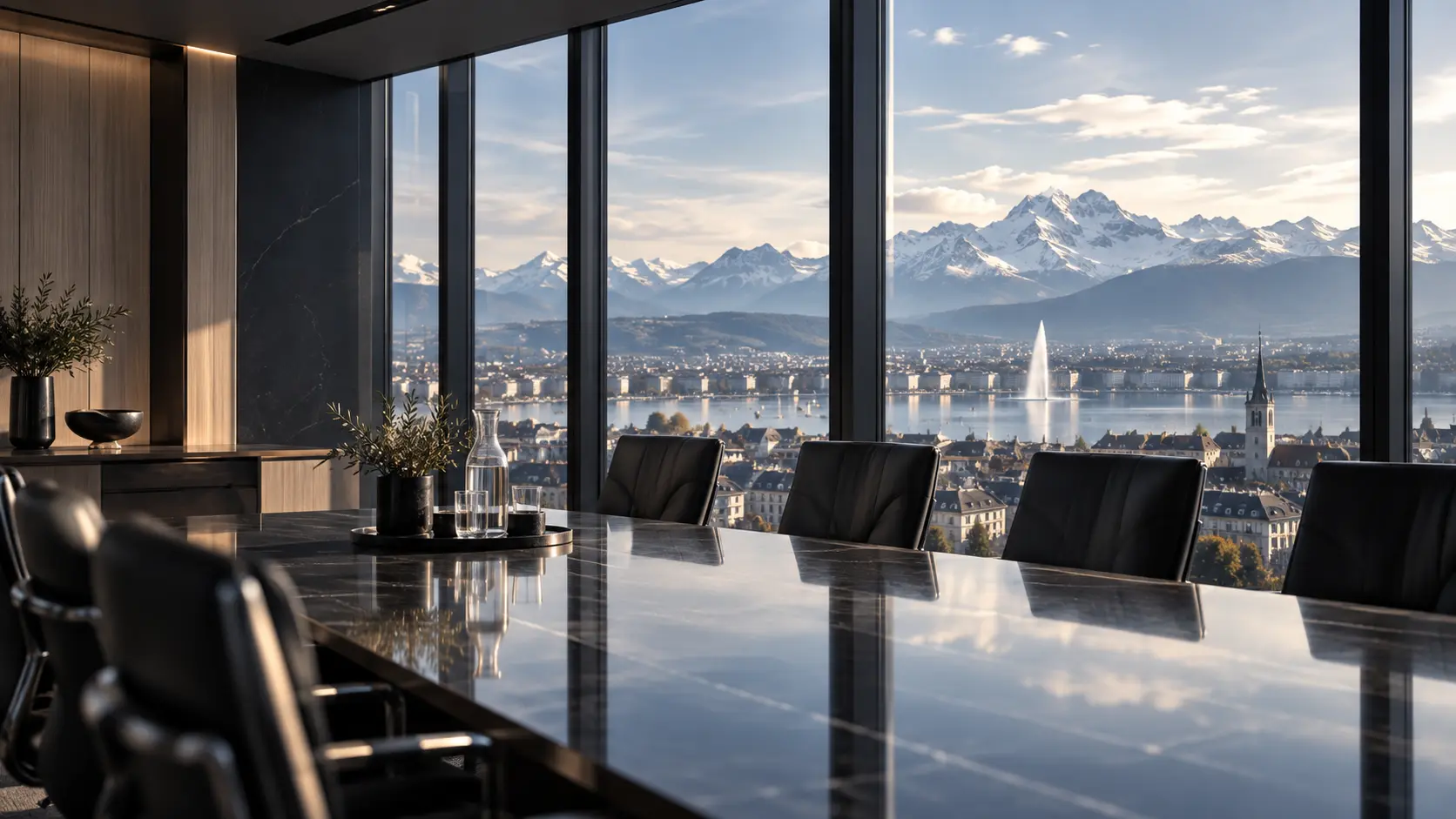 A boardroom overlooking Geneva and the Alps