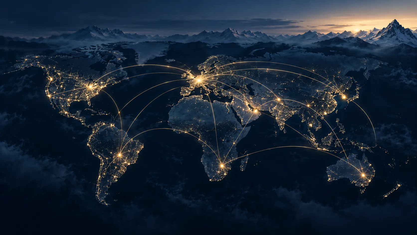International connections extending across a world landscape framed by Alpine peaks