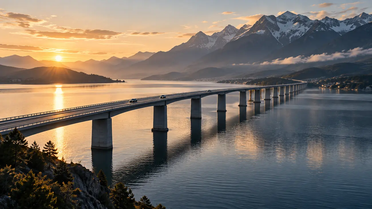 Modern transport infrastructure crossing a mountain valley