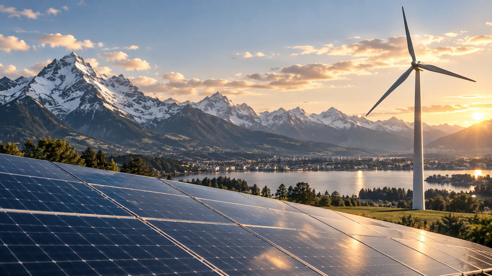 Renewable energy infrastructure across an Alpine landscape